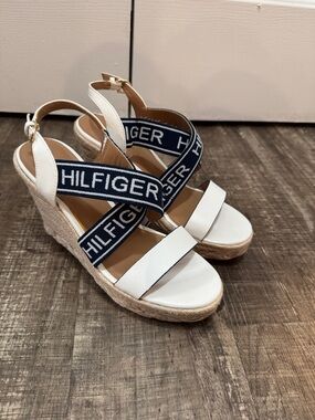 Tommy Hilfiger White & Navy Logo Espadrille Wedges- Women’s size 8